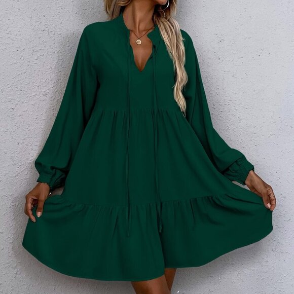 Dark Green Women's Tie Neck Lantern long Sleeve Smock Dress - Picture 6 of 6